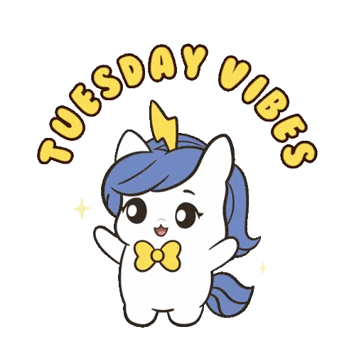 A Cartoon Unicorn With The Words Tuesday Vibes Surrounding It Sticker