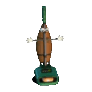 A Cartoon Vacuum Cleaner With Arms And Eyes On A Green Base Sticker