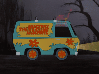 A Cartoon Van With The Words The Mystery Machine On The Side GIF