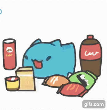 A Cartoon Whale Is Eating Chips And Drinking Soda While Laying On The Ground . GIF