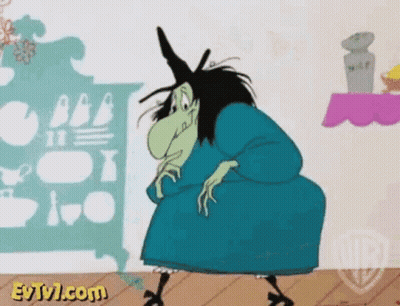 A Cartoon Witch In A Blue Dress Is Standing In Front Of A Shelf . GIF