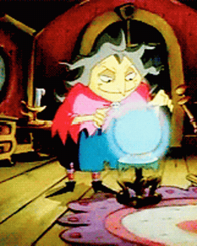 A Cartoon Witch Is Holding A Crystal Ball In Her Hands GIF