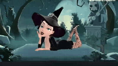 A Cartoon Witch Is Laying On Her Stomach In Front Of A Gravestone That Says Rip GIF
