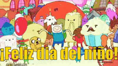 A Cartoon With The Words Feliz Dia Del Niño In Yellow Letters GIF