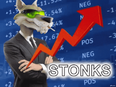 A Cartoon Wolf In A Suit Stands In Front Of A Stock Chart That Says Stoniks GIF