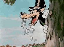 A Cartoon Wolf Is Peeking Out From Behind A Tree Trunk . GIF