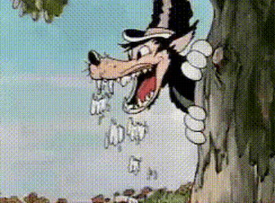 A Cartoon Wolf Is Peeking Out Of A Tree With His Mouth Open GIF