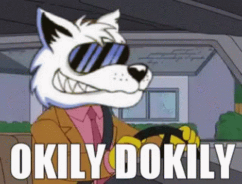 A Cartoon Wolf Wearing Sunglasses And A Suit Is Driving A Car With The Words Okily Dokily Above Him GIF