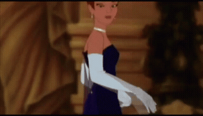 A Cartoon Woman In A Blue Dress And White Gloves Is Walking Down A Hallway . GIF