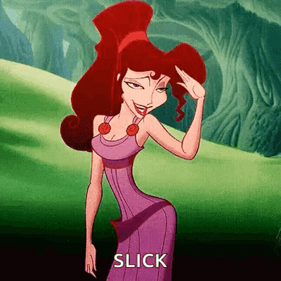 A Cartoon Woman In A Purple Dress Is Standing In A Field With Her Hand On Her Head . GIF