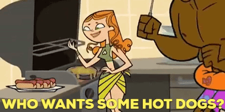 A Cartoon Woman Is Cooking Hot Dogs On A Grill While A Man Watches . GIF