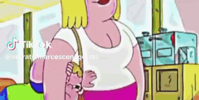 A Cartoon Woman Is Holding A Baby In Her Arms While Walking Down A Street . GIF