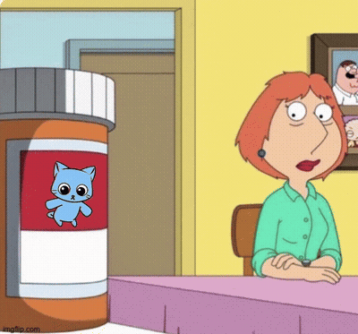 A Cartoon Woman Is Sitting At A Table Next To A Bottle Of Pills With A Blue Cat On It . GIF