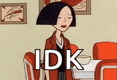 A Cartoon Woman Is Sitting At A Table With Her Eyes Closed And The Words `` Idk '' Written On The Bottom . GIF