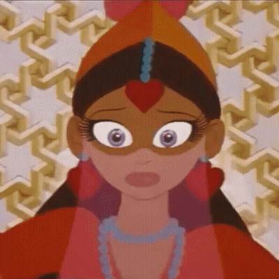 A Cartoon Woman Is Wearing A Mask And A Necklace . GIF