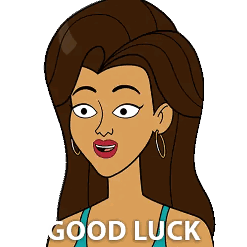 A Cartoon Woman Says " Good Luck " In Front Of Her Sticker