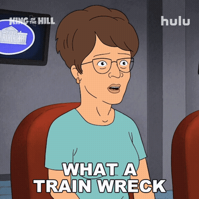 A Cartoon Woman Says What A Train Wreck On Hulu GIF