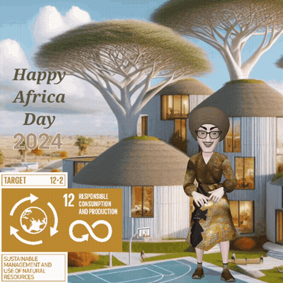 A Cartoon Woman Stands In Front Of A Building That Says Happy Africa Day GIF