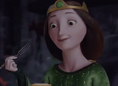 A Cartoon Woman With A Crown On Her Head Is Holding A Fork And A Plate Of Food . GIF