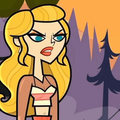 A Cartoon Woman With Blonde Hair And Blue Eyes Stands In Front Of Trees GIF