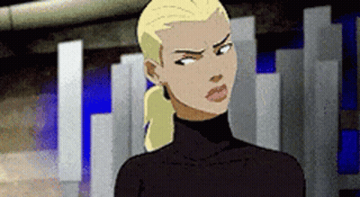 A Cartoon Woman With Blonde Hair Is Wearing A Black Turtleneck Sweater And A Ponytail . GIF