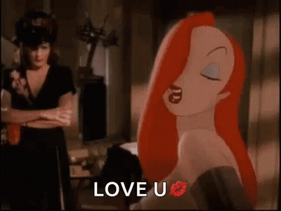 A Cartoon Woman With Red Hair And A Kiss On Her Lips Is Standing Next To A Woman With Her Arms Crossed . GIF