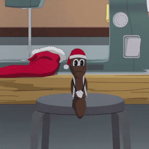 A Cartoon Worm Wearing A Santa Hat Is Sitting On A Stool GIF
