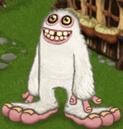 A Cartoon Yeti With Big Feet And A Big Smile Is Standing On A Lush Green Field . GIF