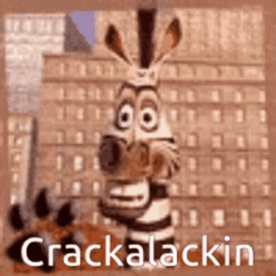 A Cartoon Zebra Is Standing In Front Of A Building With The Words `` Crackalackin '' Written Below It . GIF