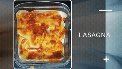 A Casserole Dish With Lasagna Written On The Top GIF