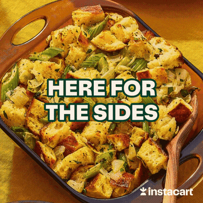 A Casserole Dish With Stuffing And The Words Here For The Sides Above It GIF