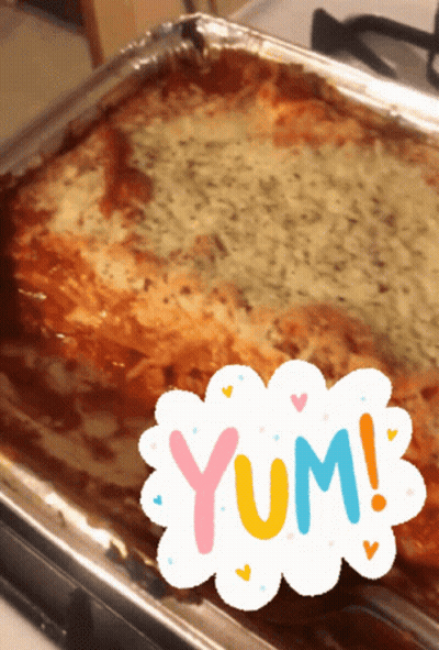 A Casserole Dish With The Word Yum Written On It GIF