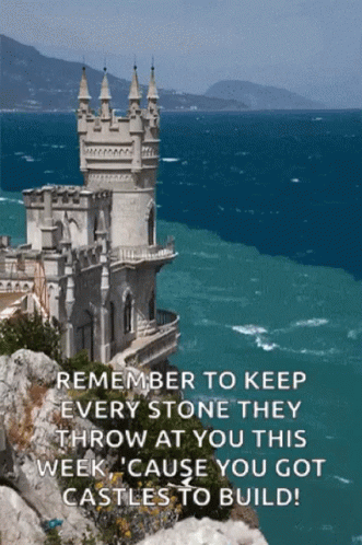 A Castle Sits On A Rock Overlooking The Ocean With A Quote Below It GIF