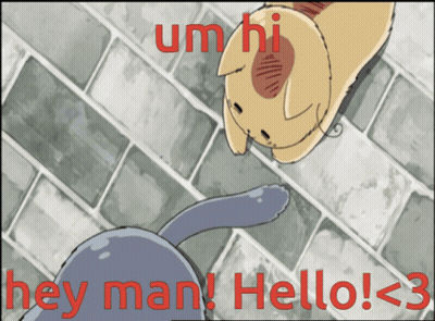 A Cat And A Dog Are Looking At Each Other With The Words Hey Man Hello < 3 GIF