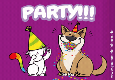 A Cat And A Dog Wearing Party Hats With The Word Party Written On The Top GIF