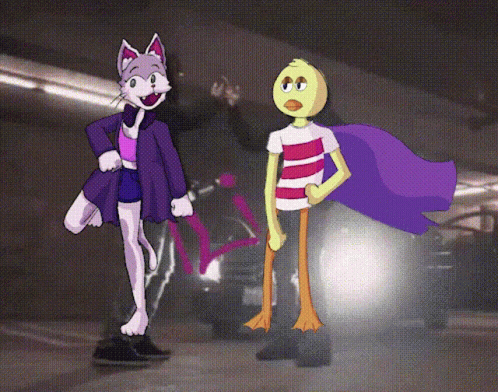 A Cat And A Duck Are Standing Next To Each Other In A Parking Garage GIF