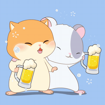 A Cat And A Hamster Are Hugging Each Other While Holding Beer Mugs GIF