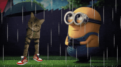 A Cat And A Minion Are Standing In The Rain With An Umbrella GIF