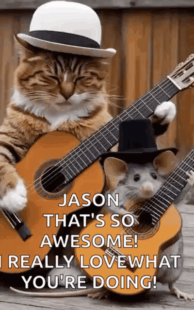 A Cat And A Mouse Are Playing Guitar Together . GIF