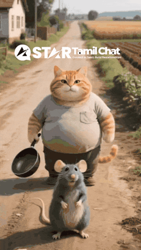 A Cat And A Mouse Are Walking Down A Dirt Road With A Star Tamil Chat Logo GIF