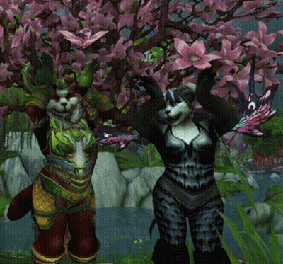 A Cat And A Panda Are Standing Under A Tree With Flowers GIF