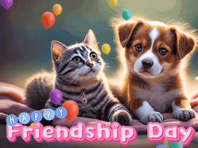 A Cat And A Puppy Are Laying On A Blanket With The Words Happy Friendship Day GIF