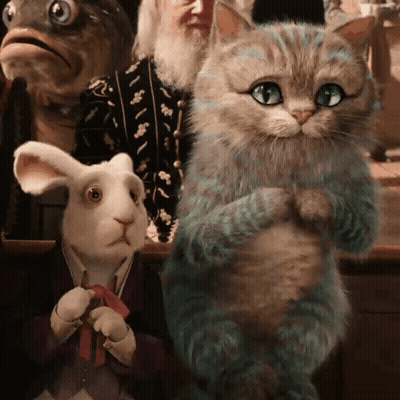 A Cat And A Rabbit Are Standing Next To Each Other In Front Of A Fish GIF