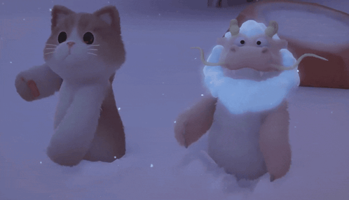 A Cat And A Stuffed Animal With Horns Are In The Snow GIF