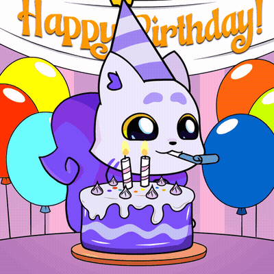 A Cat Blowing Out Candles On A Birthday Cake With Balloons In The Background GIF