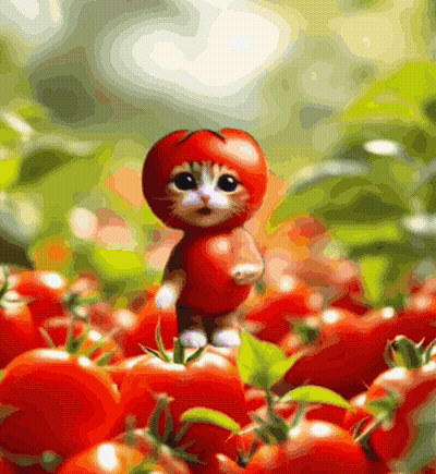A Cat Dressed As A Tomato Is Surrounded By Tomatoes GIF