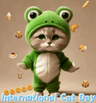 A Cat Dressed In A Frog Costume Is Surrounded By Cookies And Ice Cream And Says Happy International Cat Day GIF