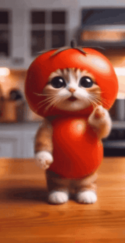 A Cat Dressed Up As A Tomato Is Standing On A Table . GIF
