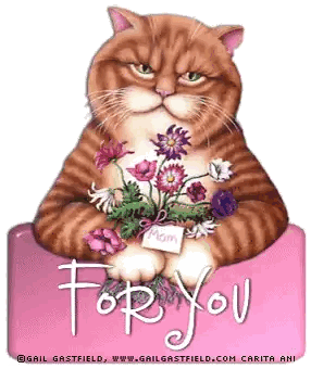 A Cat Holding A Bouquet Of Flowers Sits On A Box That Says " For You " Sticker