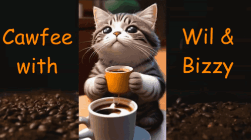 A Cat Holding A Cup Of Coffee Next To The Words Cawfee With GIF